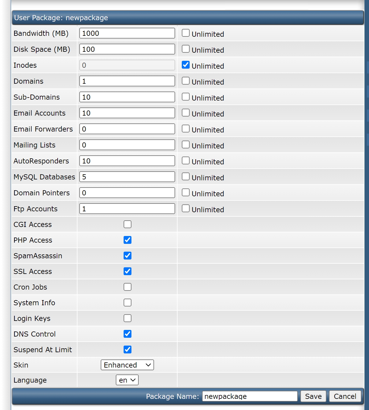 กำหนด quota ต่างๆ ของโดเมน ใน directadmin